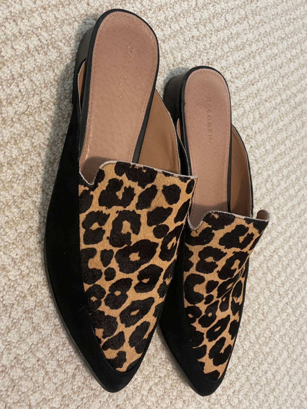Halogen Leopard-Print Backless Mules in Black and Tan